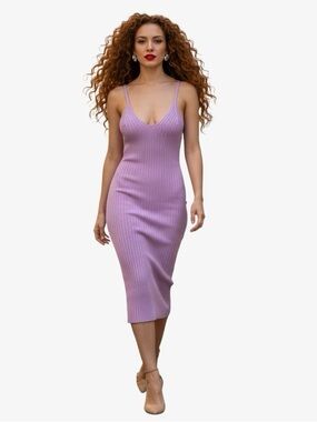 Eclipse Lavender Ribbed Knit V-Neck Bodycon Midi Dress - Size Medium